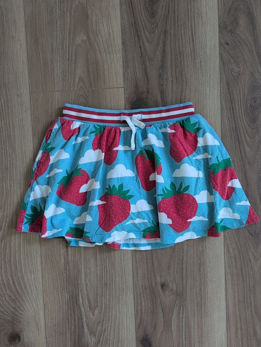 Mini Boden Blue Skort with Red Strawberry Print and Striped Waist